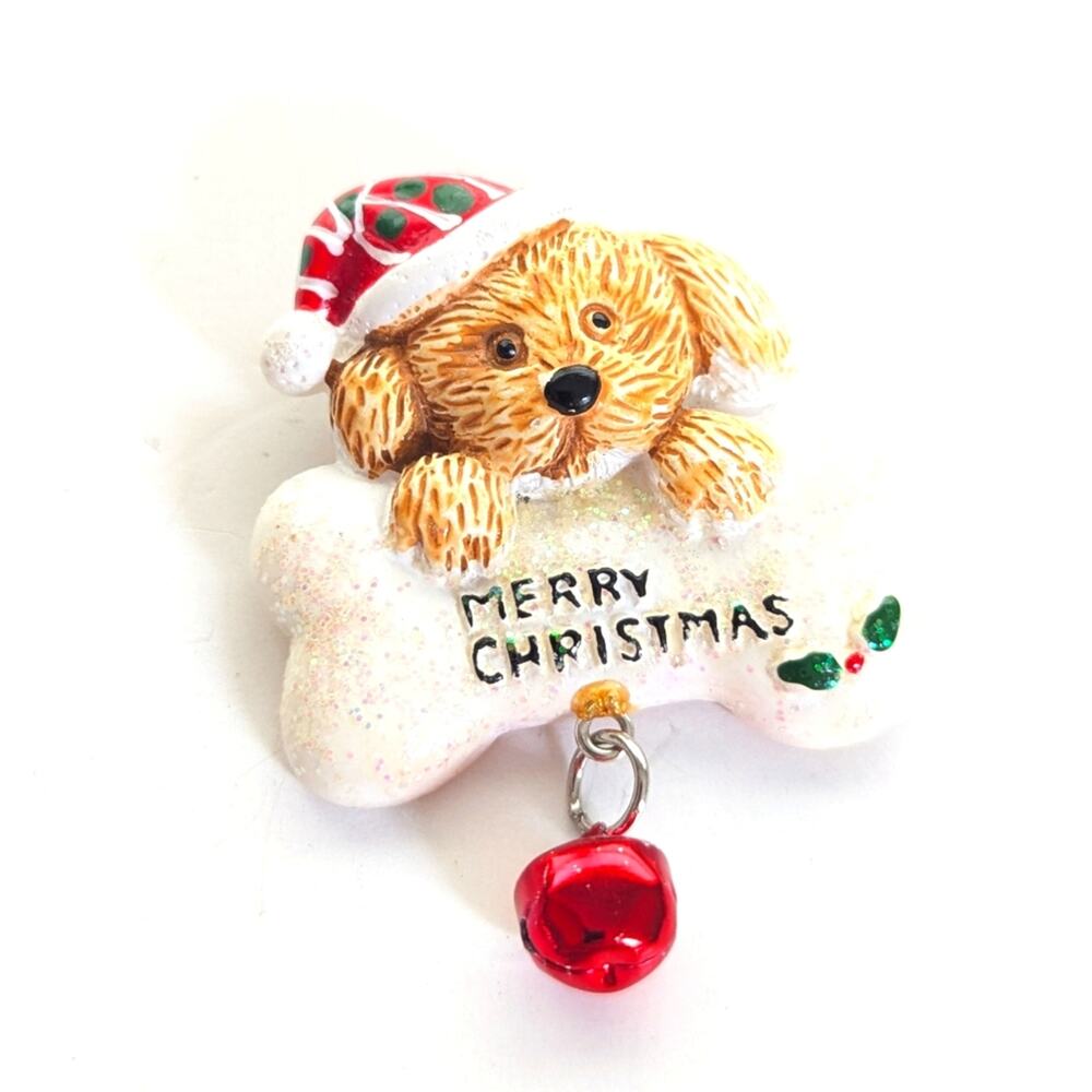 Vintage Holiday Merry Christmas Yellow Lab Puppy Bone Bell Whimsy Figural Brooch